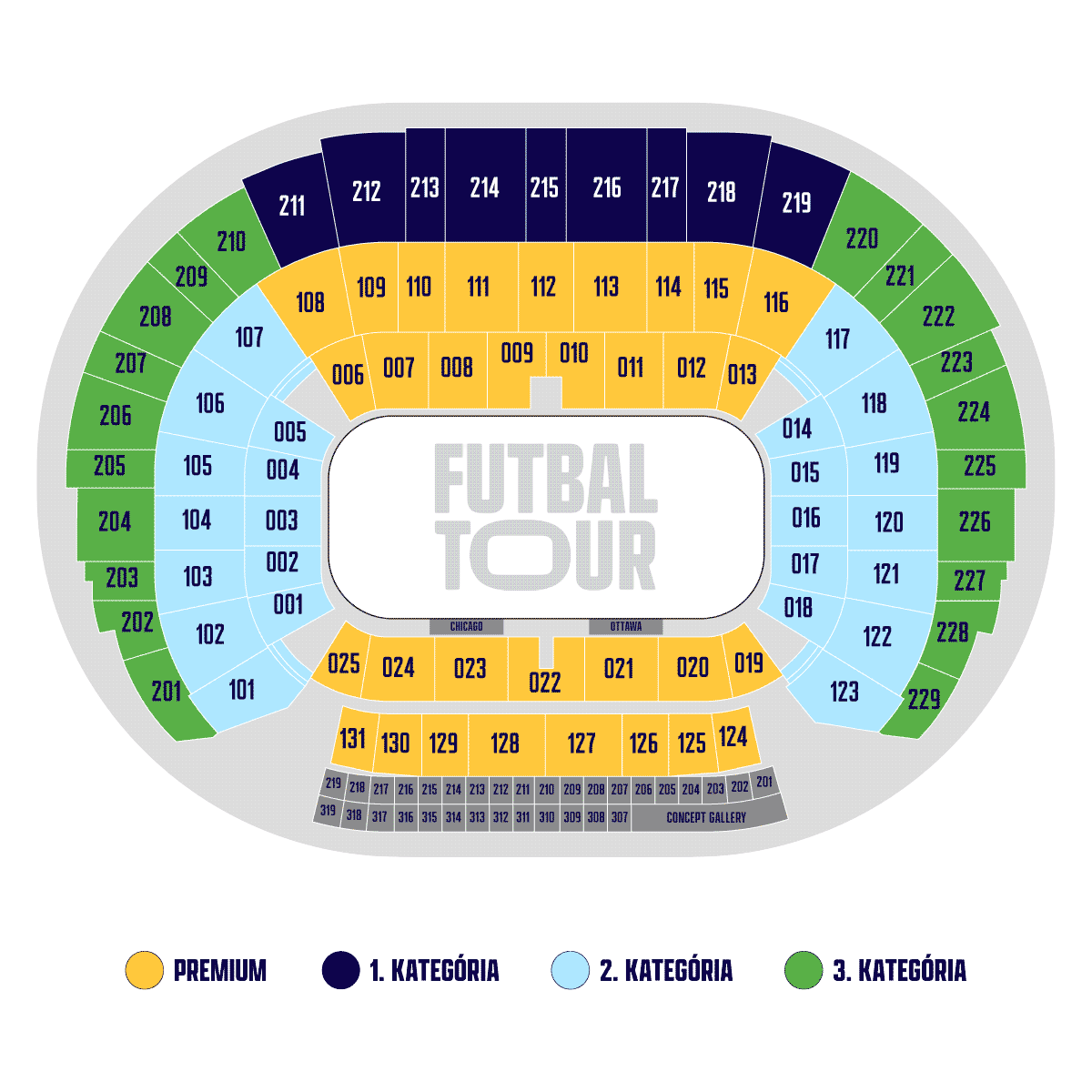 Mapa štadióna – rozloženie sektorov